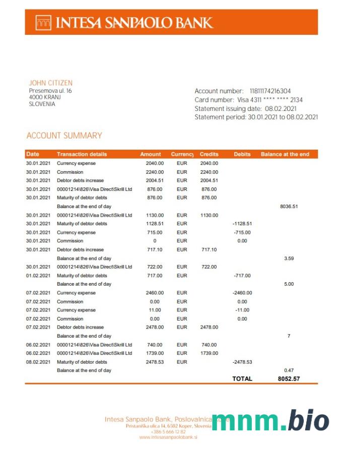 Słowenia Intesa Sanpaolo Bank, Poslovalnica Koper szablon wyciągu bankowego w formacie Word i PDF